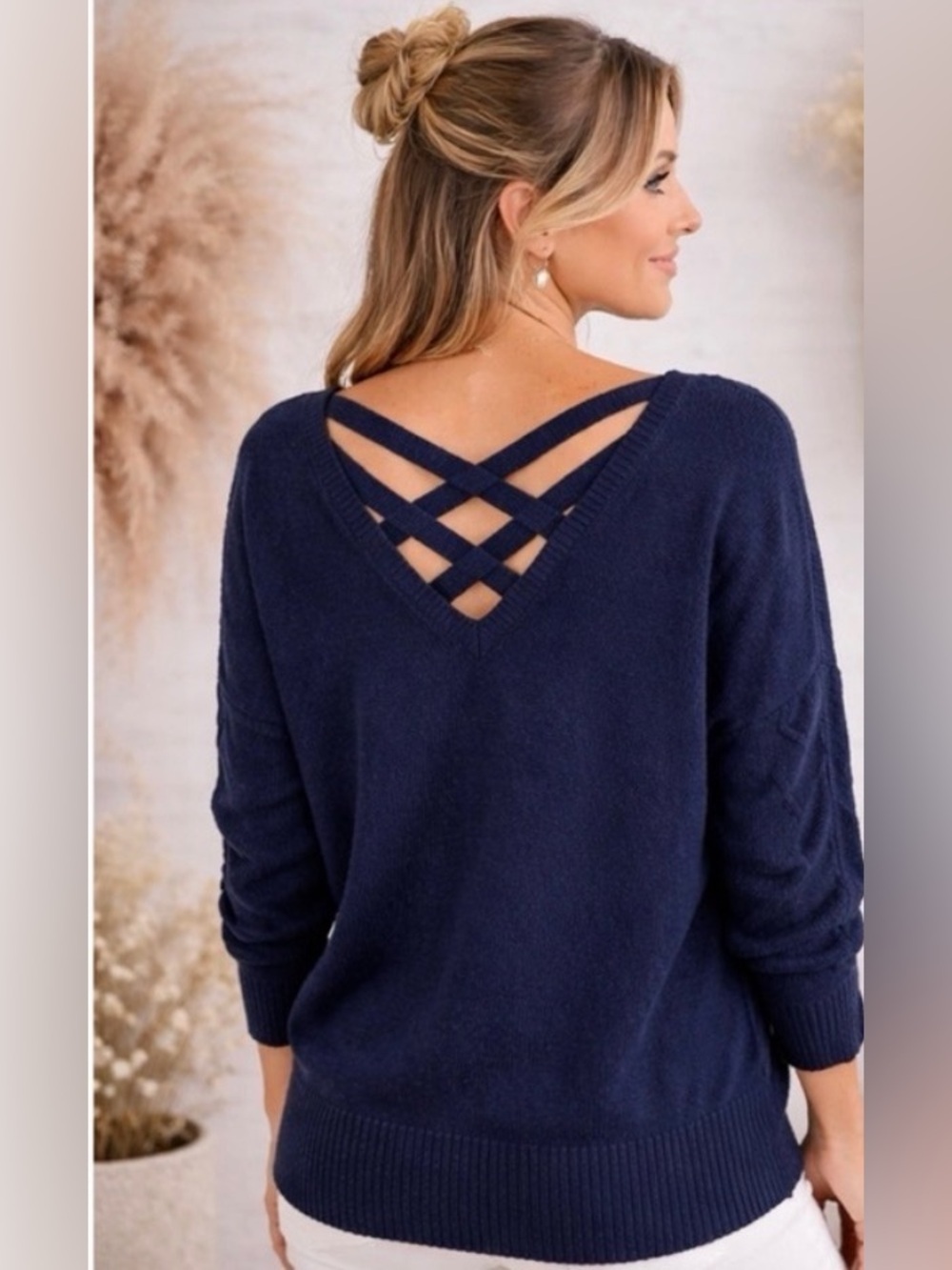 LAMade Navy Blue V-Neck Cotton Sweater Sz Small Criss Cross Back Straps